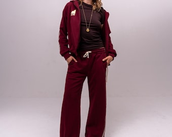 Womens Velour Cotton Track Suit Set, Spring Summer Bordo Sweatsuit 2 Piece