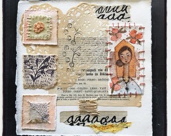 Original mixed media painting collage and stitchery  on handmade watercolor paper lady one