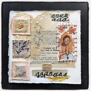 Collage originale di pittura multimediale mista e cuciture su carta ad acquerello fatta a mano signora uno