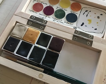 Travel  set of  handmade  natural watercolor from natural dyes, plant and  veggies  set of 8  in a wooden box plus a watercolor  brush