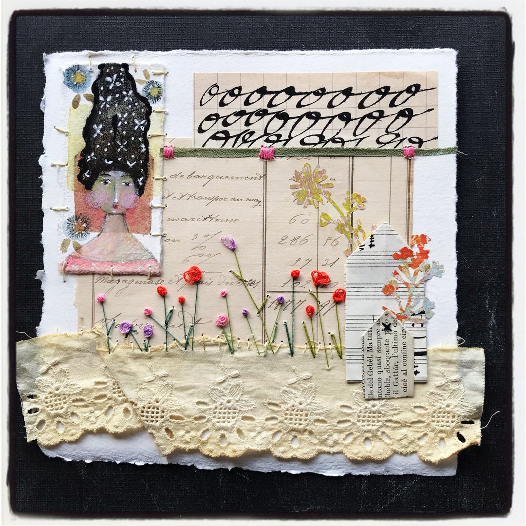 Original Mixed Media Painting Collage and Stitchery on - Etsy