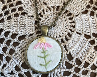 Imperfect botanical embroidery  charm antique bronze pendant necklace