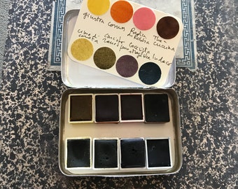 Travel set of  8 half pans handmade  natural watercolor from natural dyes, plants and  veggies  in a vintage tin box