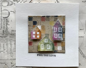 Original mixed media painting collage and watercolor painting Feel the Love