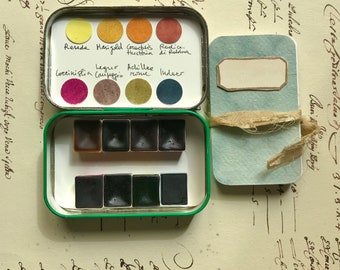 Travel set of  8 half pans handmade  natural watercolor from natural dyes plants and  veggies  in a vintage tin box mini concertina journal