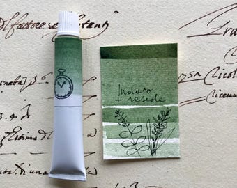 Puede incluir: Un tubo de pintura acuarela verde con una etiqueta que dice "Indeco + resede". La pintura está en un tubo blanco con una tapa verde. La etiqueta también tiene un dibujo de una planta.