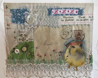 Original Collage with ephemera and stitching on paper