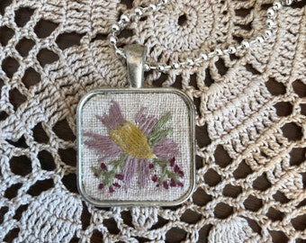 Imperfect botanical embroidery  charm antique bronze pendant necklace