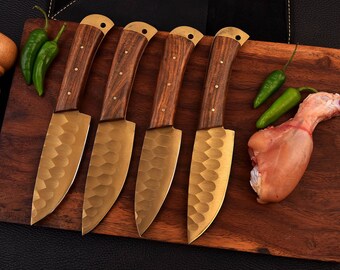 Juego de cuchillos para carne de acero de Damasco forjado a mano: hoja dorada, mango de madera de Alaska