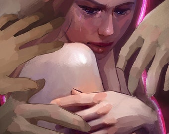 May include: Digital painting of a person with blonde hair, eyes closed, and tears streaming down their face. Several hands surround the person, suggesting comfort or support. The artwork has a soft, painterly style with a pink and dark background.