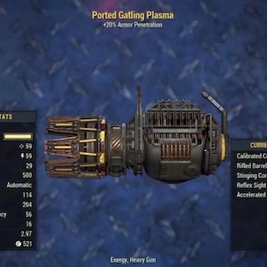 Könnte beinhalten: Detaillierte Abbildung einer Ported Gatling Plasma-Waffe, einer schweren Energiewaffe. Die Waffe ist hauptsächlich dunkelgrau mit goldenen und braunen Akzenten. Text enthält Artikelstatistiken, aktuelle Mods und "+20% Armor Penetration."