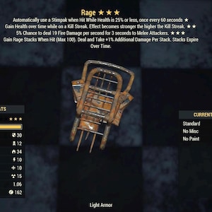 Puede incluir: Una pieza de armadura ligera oxidada en forma de jaula del juego Fallout 76. El objeto, llamado "Rage", tiene texto que describe sus estadísticas y efectos, incluyendo DMG Resist y Peso. El objeto es de nivel 45 y tiene un valor de 162.
