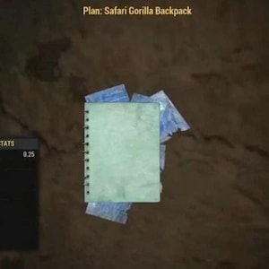 May include: An overhead shot of a light green notebook with a spiral binding, surrounded by torn blue papers. The text "Plan: Safari Gorilla Backpack" is at the top. An item stats box shows a weight of 0.25.