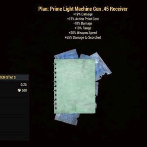 May include: A digital image of a plan for a Prime Light Machine Gun .45 Receiver. The plan is in a spiral-bound notebook with a light green cover. The image also includes item stats: weight 0.25 and value 500.