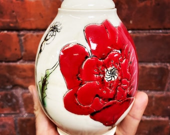 Urna cineraria in ceramica fatta a mano per ceneri - Urna cineraria "Papaveri" - REALIZZATA SU ORDINAZIONE