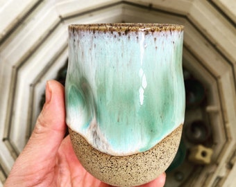 Beach Designed Wheel Thrown / Handmade Stoneware Tumbler with a teabag string catcher - MADE TO ORDER