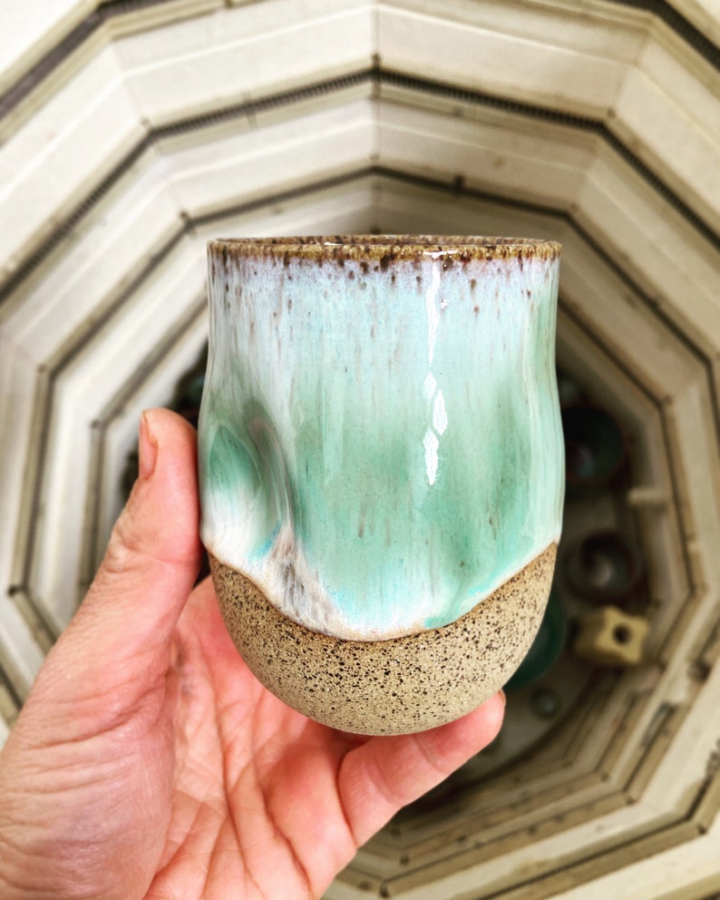 Beach Designed Wheel Thrown / Handmade Stoneware Tumbler with a teabag string catcher MADE TO ORDER image 1