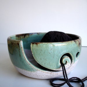 White Green Wheel Thrown Yarn Bowl MADE TO ORDER image 2