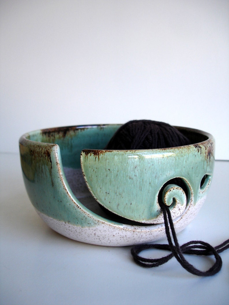 White Green Wheel Thrown Yarn Bowl MADE TO ORDER image 2