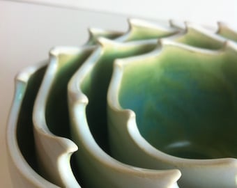 Wheel Thrown Stoneware Nested Bowls Set - Wave Design - Made To Order