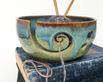 Rustic Green Wheel Thrown Yarn Bowl - MADE TO ORDER