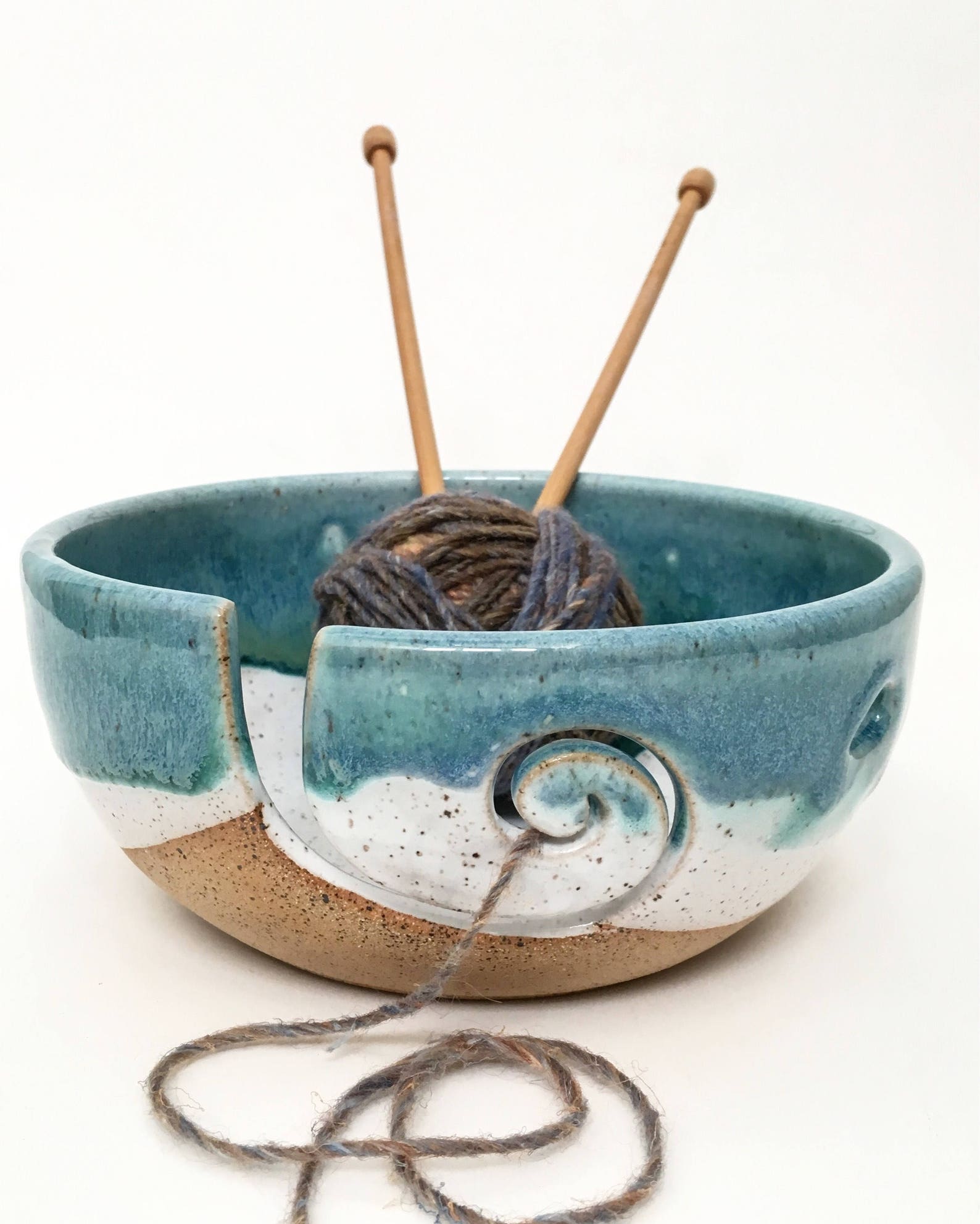 NewMoonStudio mediterranean breeze knitting bowl with blue white and brown