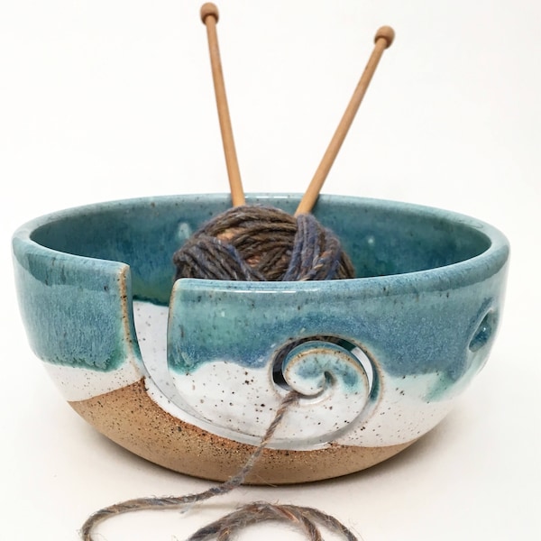 Beach Designed Wheel Thrown Yarn Bowl - Mediterranean Breeze - MADE TO ORDER