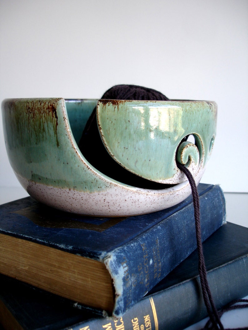 White Green Wheel Thrown Yarn Bowl MADE TO ORDER image 1