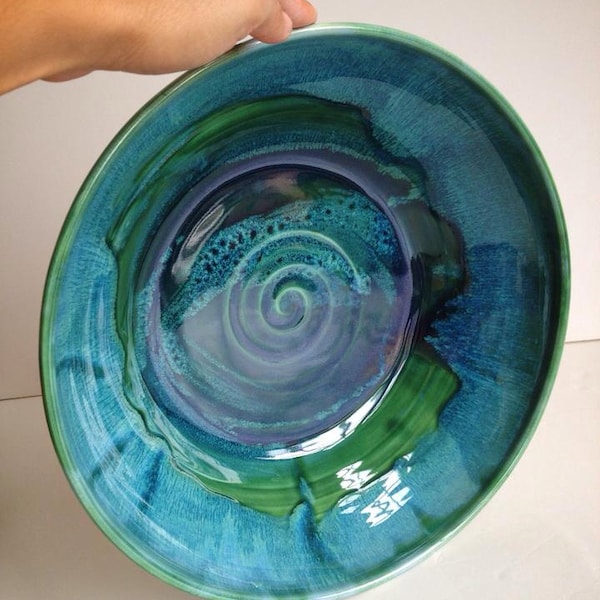 Dark Green with Blues Wheel Thrown Ceramic Serving Bowl - Made To Order