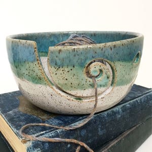 White - Green/Blue Wheel Thrown Yarn Bowl Beach Series- MADE TO ORDER