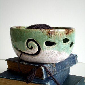 White Green Wheel Thrown Yarn Bowl MADE TO ORDER image 3