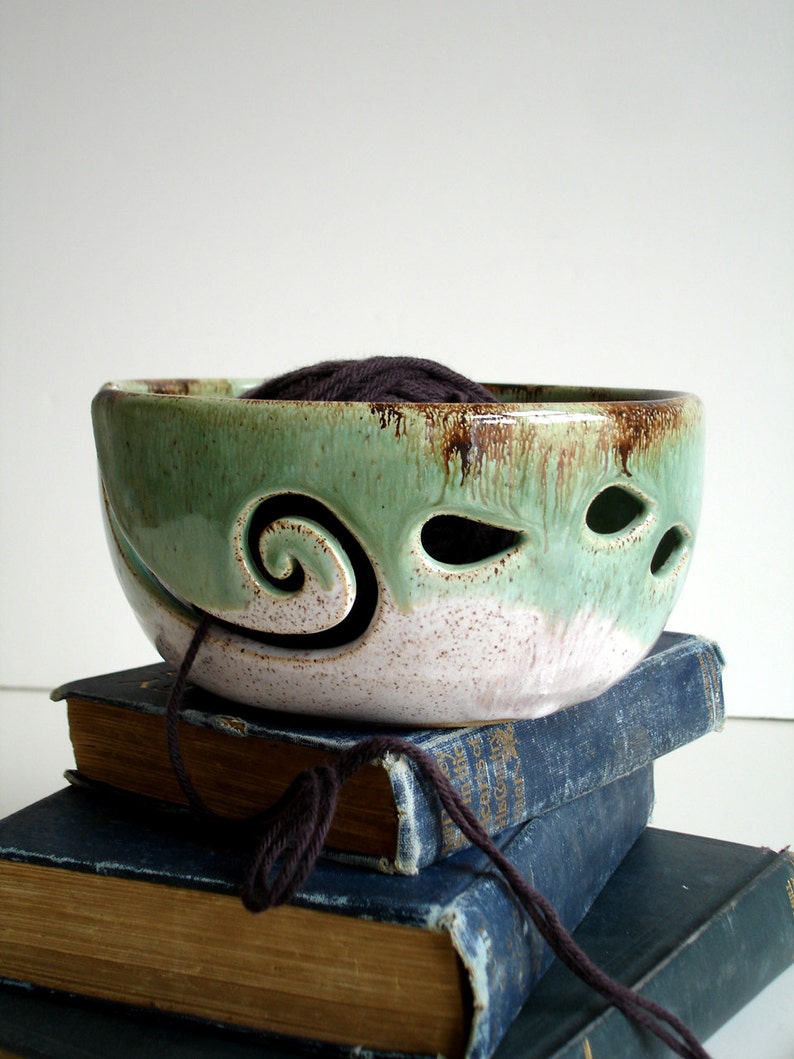 White Green Wheel Thrown Yarn Bowl MADE TO ORDER image 3