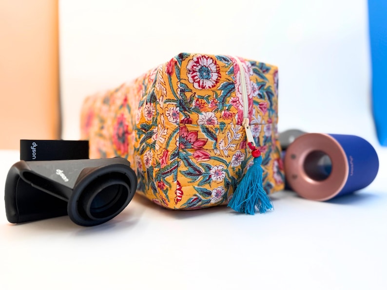 Cute Dyson Airwrap Bag, Travel Hair Dryer Storage Bag, Portable Hair Accessories Travel Case, Quilted Block Print Cotton Hair Tool Organize image 5