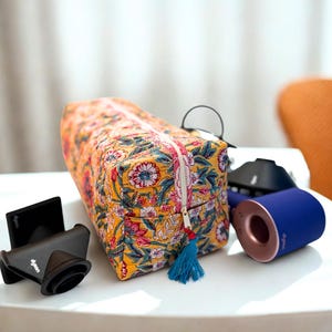 Cute Dyson Airwrap Bag, Travel Hair Dryer Storage Bag, Portable Hair Accessories Travel Case, Quilted Block Print Cotton Hair Tool Organize