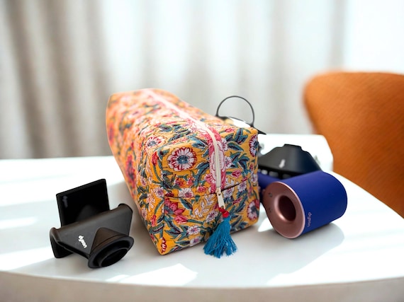 Cute Dyson Airwrap Bag, Travel Hair Dryer Storage Bag, Portable Hair Accessories Travel Case, Quilted Block Print Cotton Hair Tool Organize