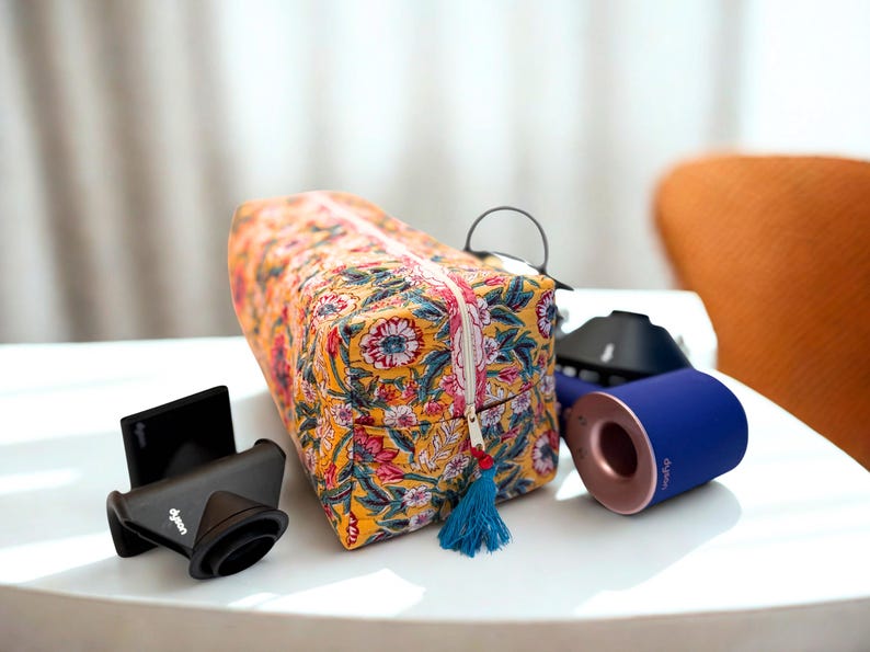 Cute Dyson Airwrap Bag, Travel Hair Dryer Storage Bag, Portable Hair Accessories Travel Case, Quilted Block Print Cotton Hair Tool Organize image 1