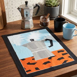 Coffee Bar Mat Set of 2 | Modern Espresso Counter Mat 15.4"x21.7" | Washable Cotton Kitchen Mat | Coffee Station Decor | Moka Pot Design