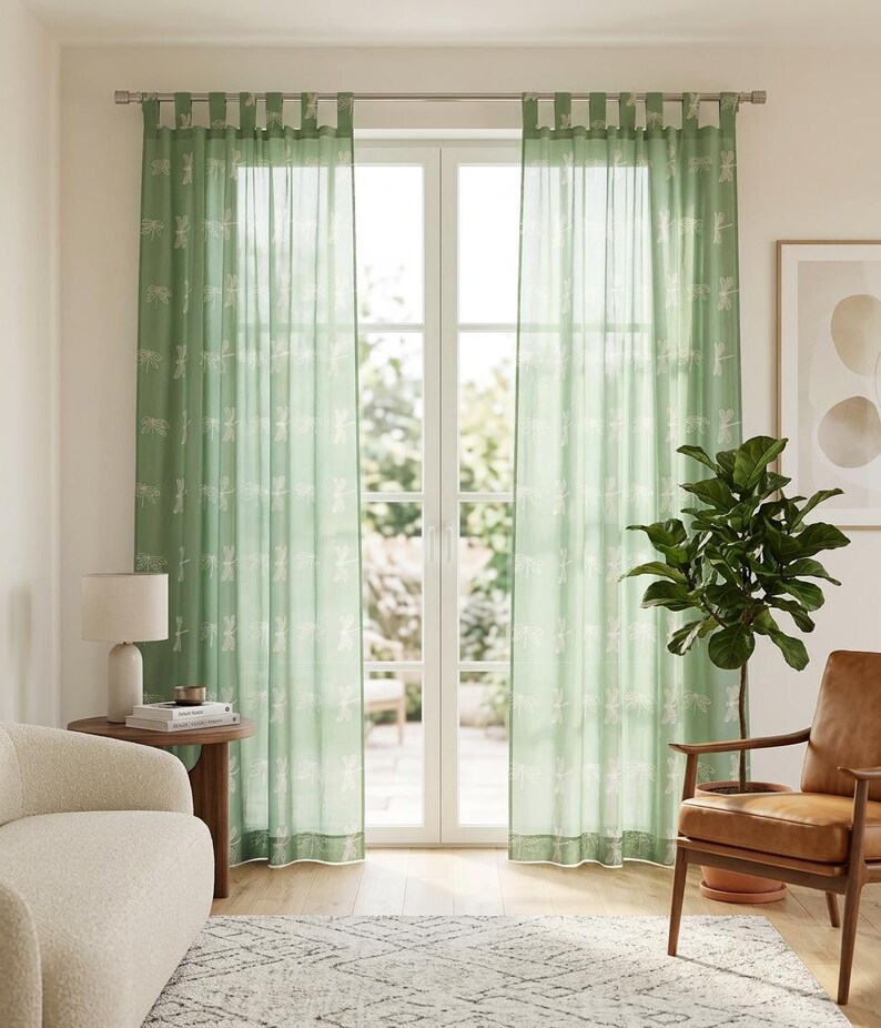 Dragonfly Block Print Curtains | Sage Green Semi Sheer Cotton Drapes ...