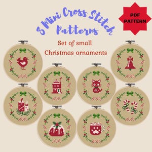 Lot de 8 mini motifs de point de croix Petit motif de Noël au point de croix, lot de broderies, ornement de Noël, modèle PDF à téléchargement immédiat