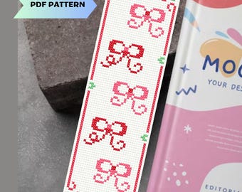 Bow Bookmark Cross Stitch Pattern Coquette Pink Red Bow Beginner Design PDF Instant Download