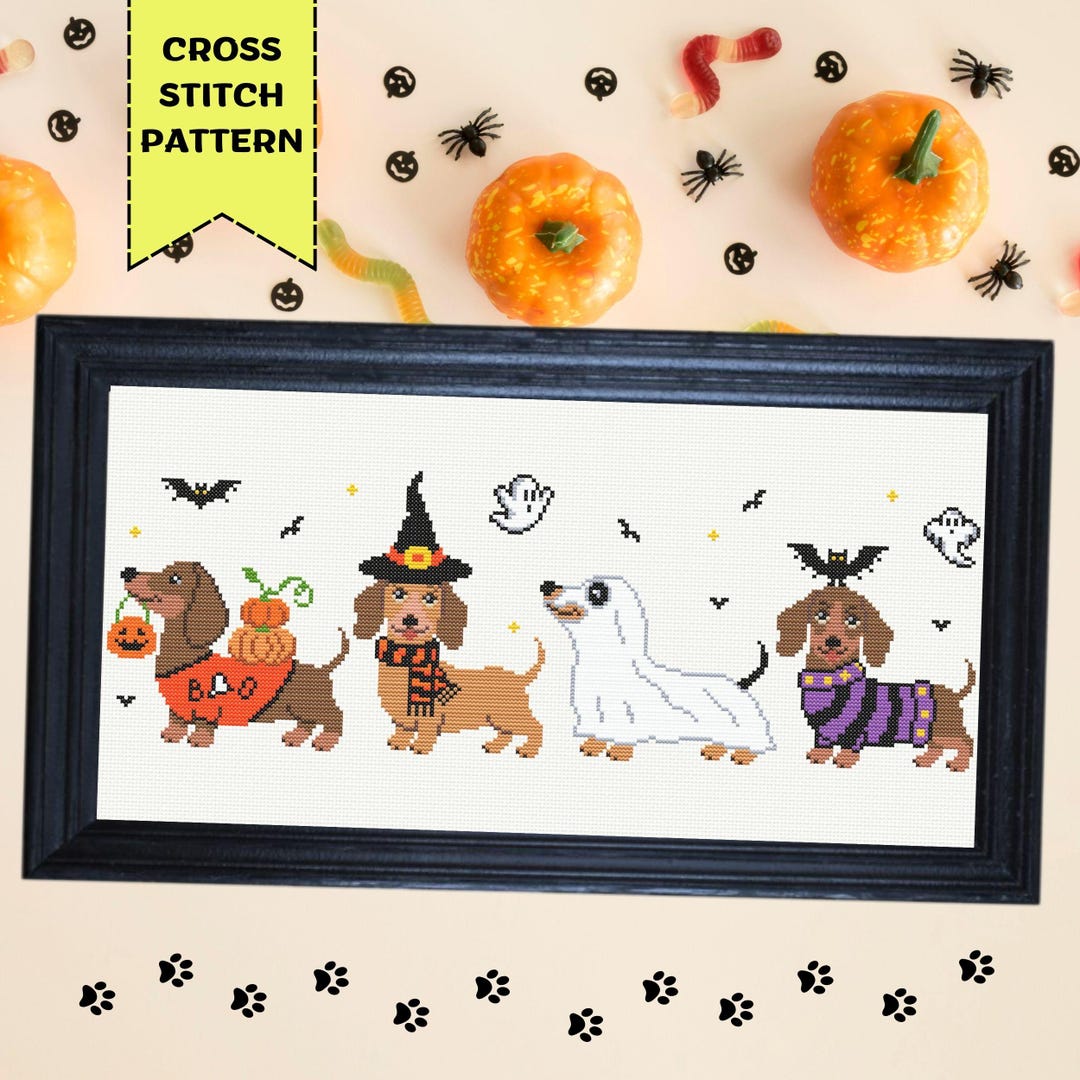 Halloween Dachshund Cross Stitch Pattern | Spooky Season Embroidery ...