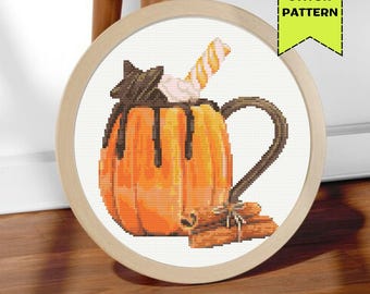 Pumpkin Mug Cross Stitch Pattern Halloween Fall Embroidery Kitchen Decor PDF Digital Download