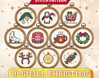 May include: Ten small Christmas ornaments in wooden hoops, each with a mini cross-stitch design. Designs include a penguin, ice skate, Christmas sweater, wreath, and more. The text reads "Mini Cross Stitch Pattern" and "10 Small Christmas Ornaments".