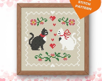 Black Cat in Love Cross Stitch Pattern Valentines Day Romantic Couples PDF Digital Download