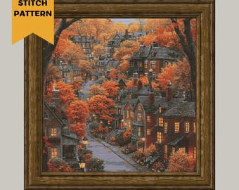 Herfst stad kruissteekpatroon herfst dorp herfst bomen modern borduurwerk PDF digitale download