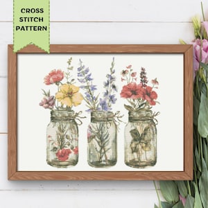 Wildflowers in Jar Cross Stitch Pattern Flowers in Glass Floral Embroidery PDF Digital Download
