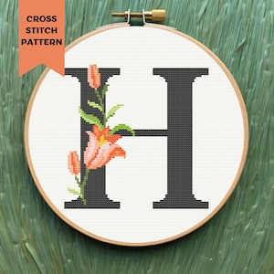 Floral Letter H Cross Stitch Pattern Modern Flower Monogram Embroidery Initial  PDF Digital Download