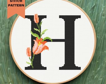 Buchstabe H Kreuzstichmuster Moderne Blumen Monogramm Stickerei Initial PDF Digitaler Download