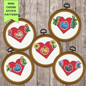 Stardew Valley Cross Stitch Pattern Cute Chickens Cross Stitch Set of 5 Red Hearts Video Games Funny Modern Embroidery PDF Instant Download