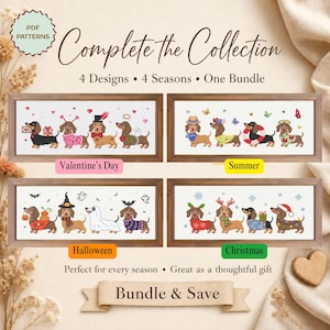 Könnte beinhalten: Vier gerahmte Kreuzstichmuster mit Dackeln, die für Valentinstag, Sommer, Halloween und Weihnachten gekleidet sind. Der Text "Complete the Collection" und "Bundle & Save" ist ebenfalls zu sehen.